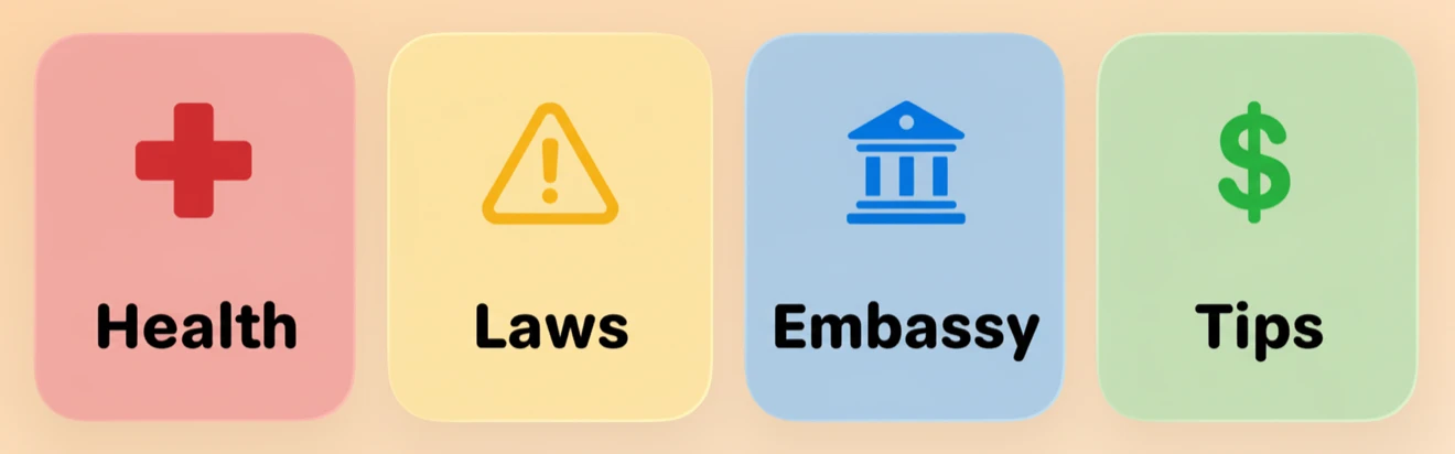 Health, laws, embassy, and tips information cards