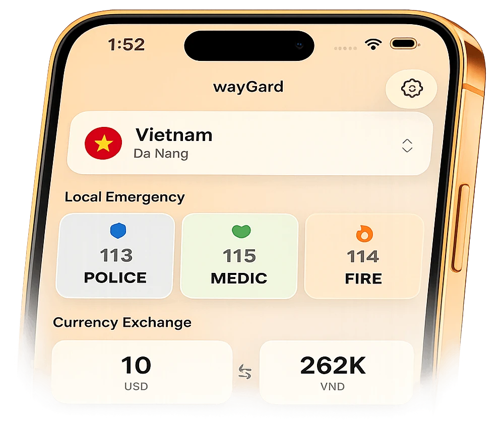 wayGard app showing emergency numbers for Vietnam