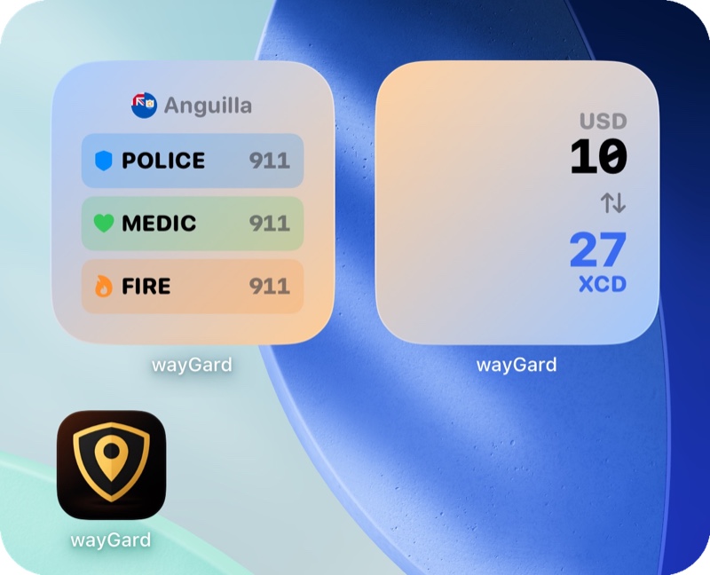 wayGard widgets for Anguilla showing emergency numbers and currency conversion