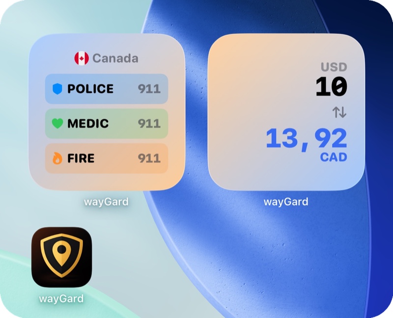wayGard widgets for Canada showing emergency numbers and currency conversion