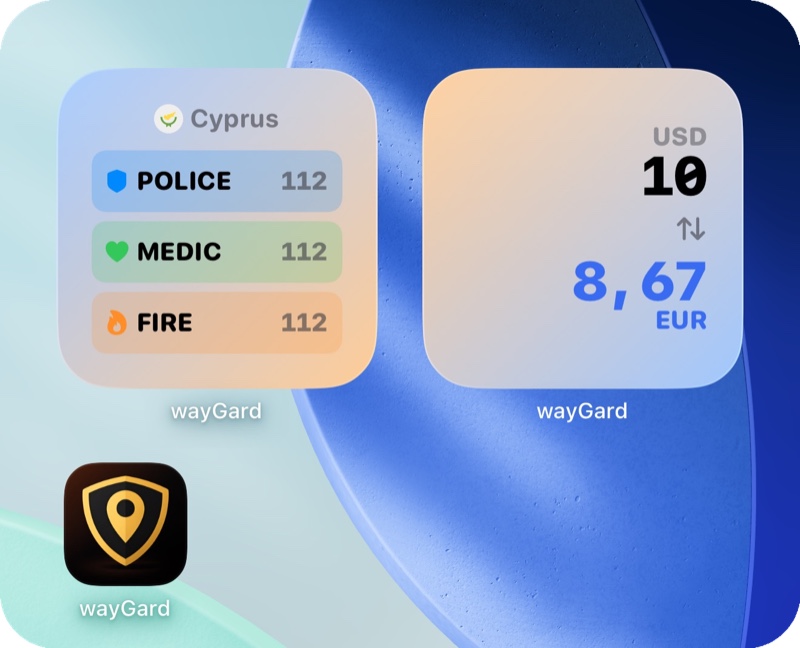 wayGard widgets for Cyprus showing emergency numbers and currency conversion