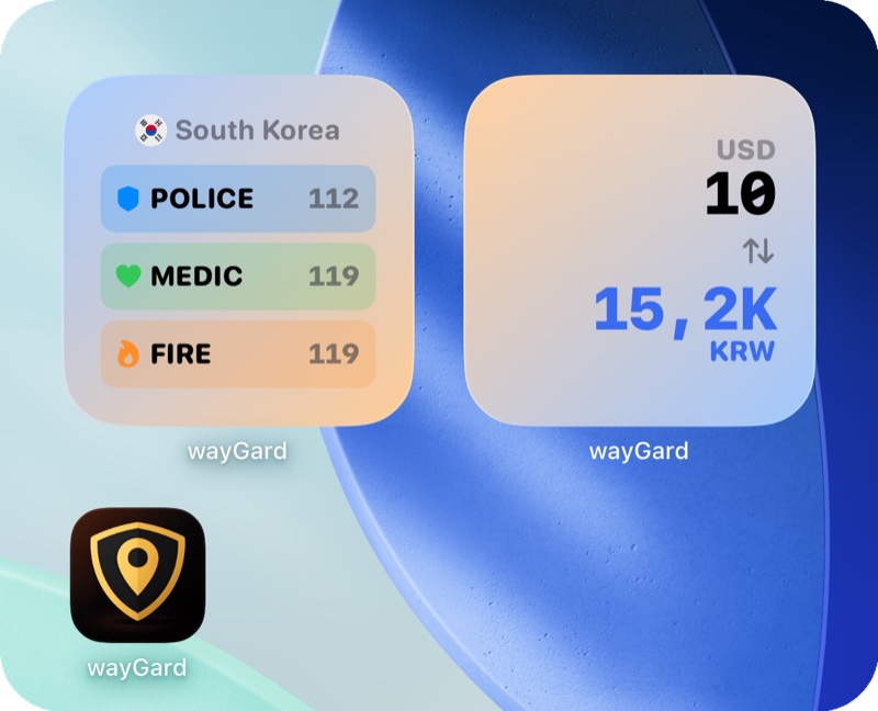 wayGard widgets for South Korea showing emergency numbers and currency conversion