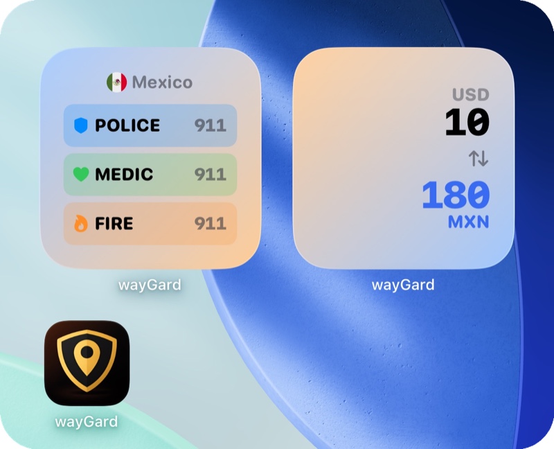 wayGard widgets for Mexico showing emergency numbers and currency conversion